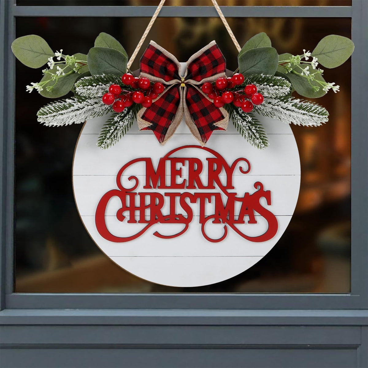 CHDITB Cute Merry Christmas Wooden Front Door Wreath(11.4”x11.4”), Farmhouse 3D Christmas Decor
