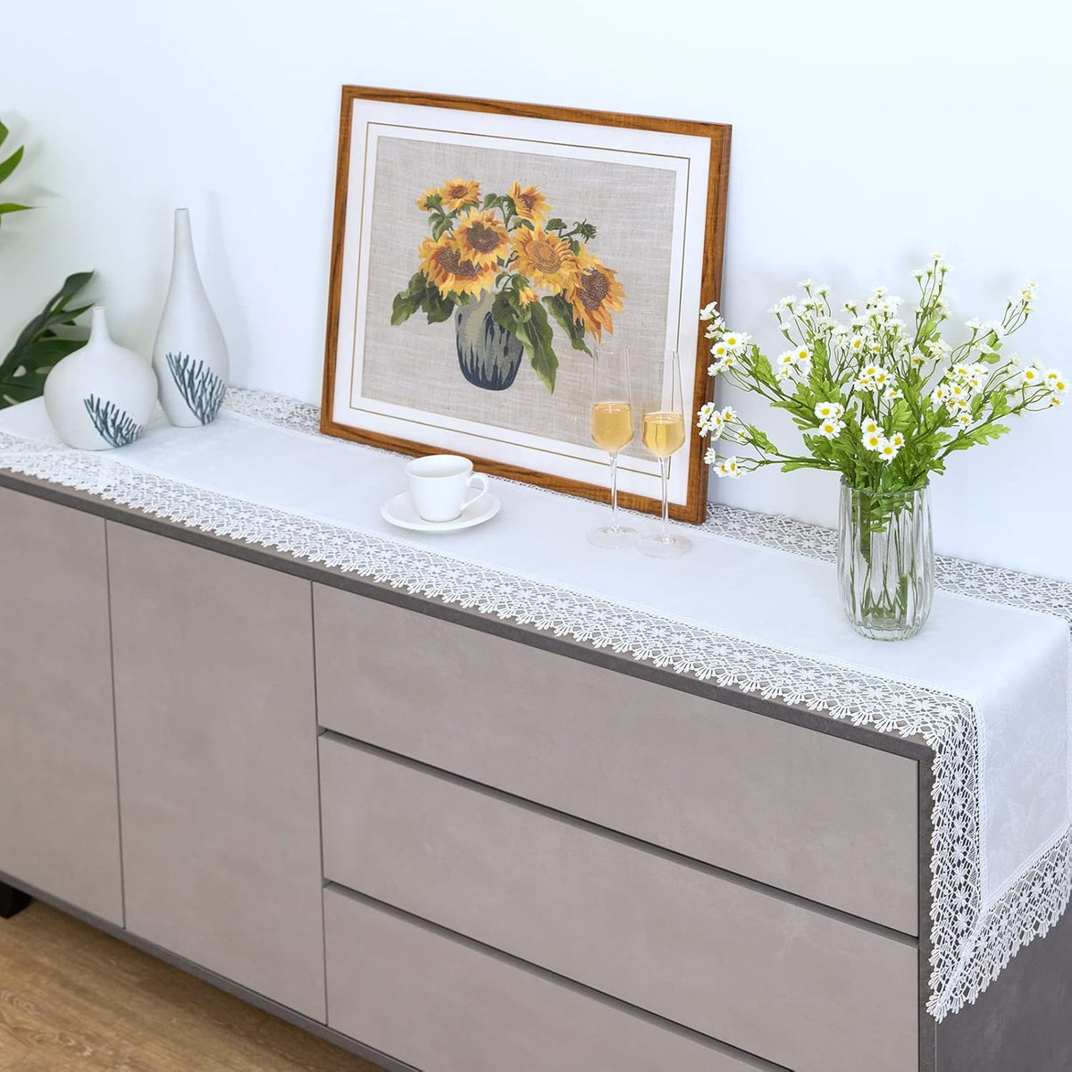 White lace Premium Rectangle Farmhouse Table Runner Waterproof OilProof SpillProof AntiShrink Soft