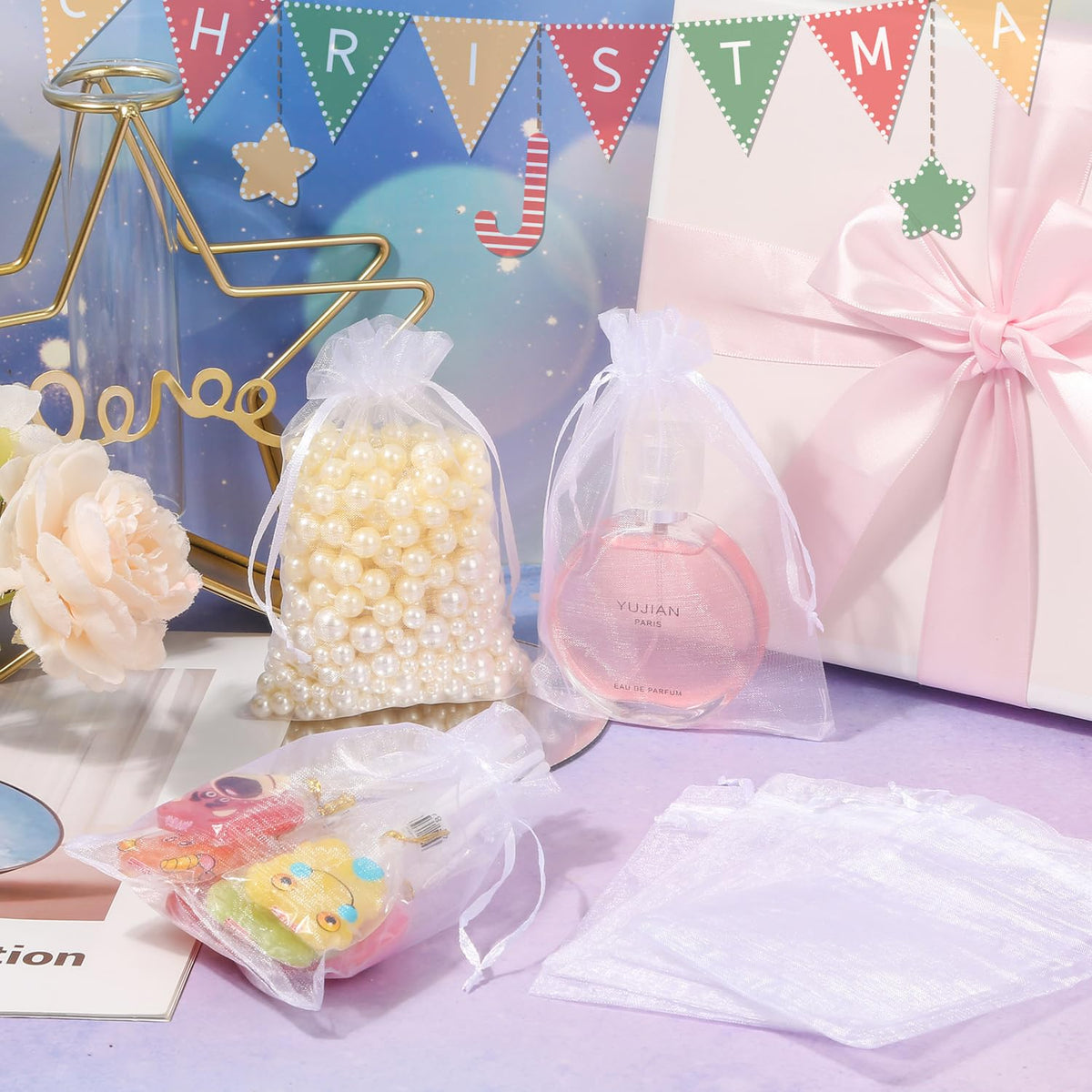 Hopttreely 100PCS Premium Sheer Organza Bags, White Wedding Favor Bags with Drawstring, 4x4.72