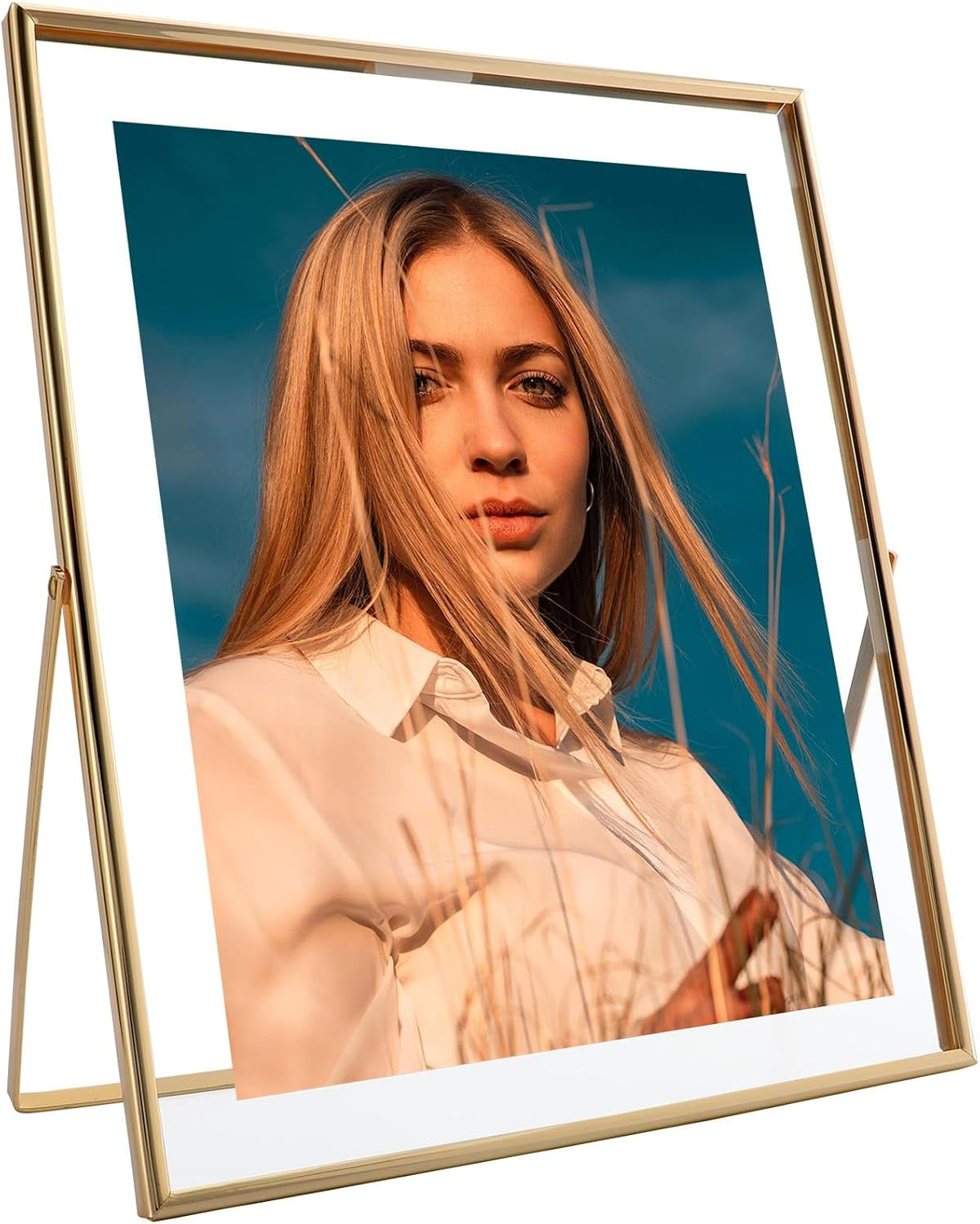 Gold Floating Frame, 10"x12", Vertical, For Picture 8.5x11, 8x10, 7x9, Tabletop Shelf Photo Frame