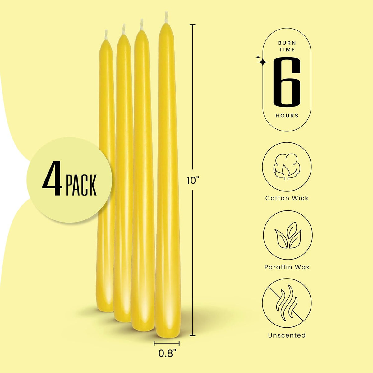 Leor & Lair Yellow Taper Candles - 4 Pack 10" Yellow Candlesticks - Unscented Long Burning Candles