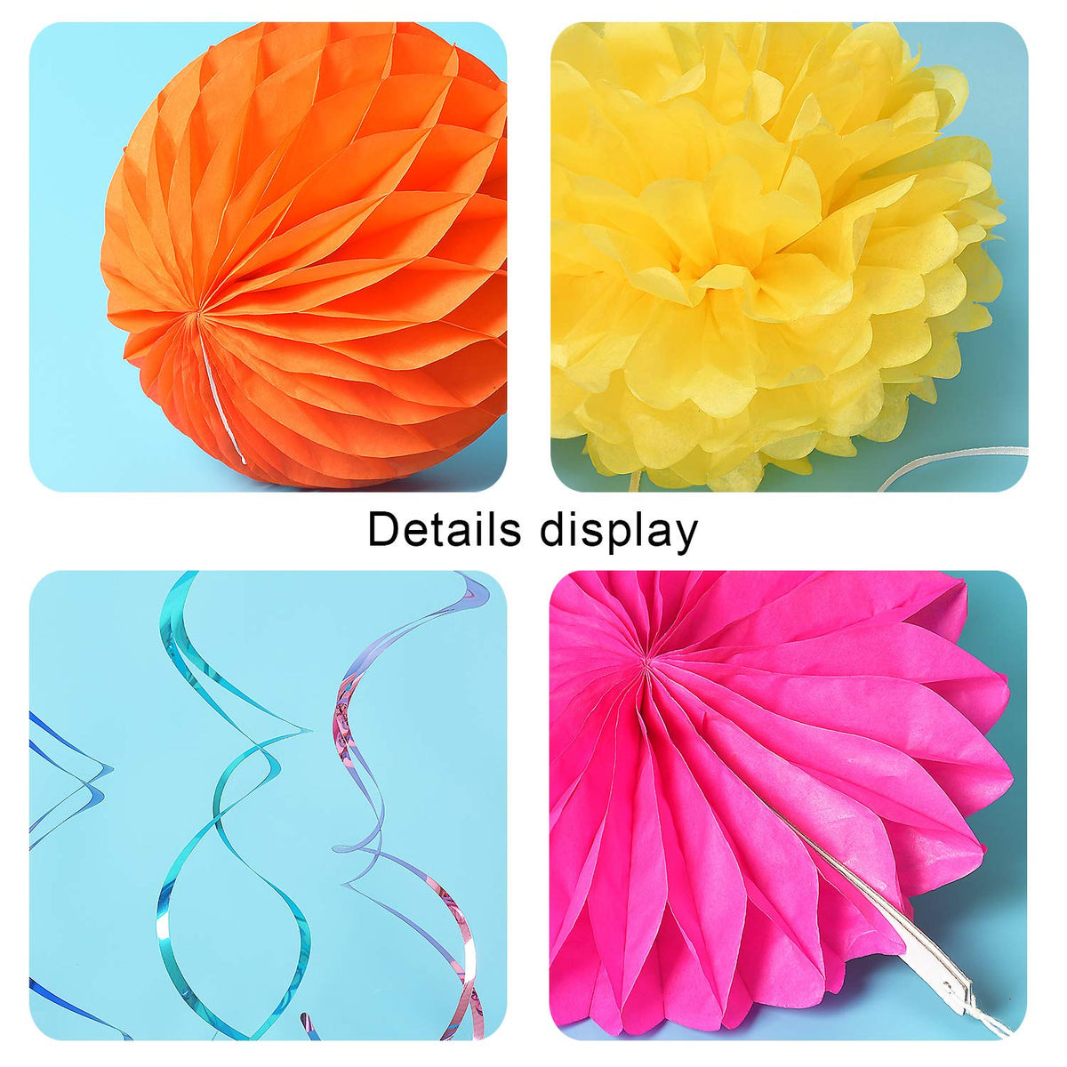 Colorful Paper Party Decorations, Tissue Paper Flower&Party Pom Poms wth Swirl Streamers, Premium