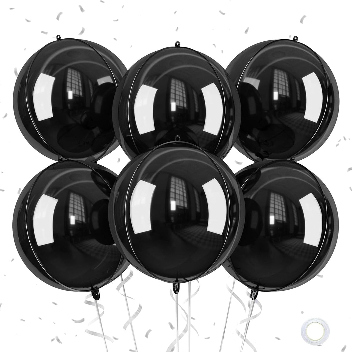 Giant 4D Foil Balloons, 6Pcs Large Metallic Black Round Balloons, 22 Inch Big Round Foil Balloon