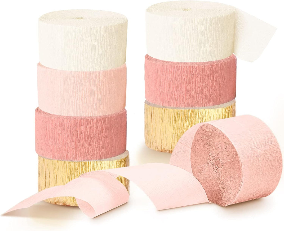 AOBKIAT Wedding Party Decorations, 8 Rolls Pink Gold Crepe Paper Streamers for Wedding