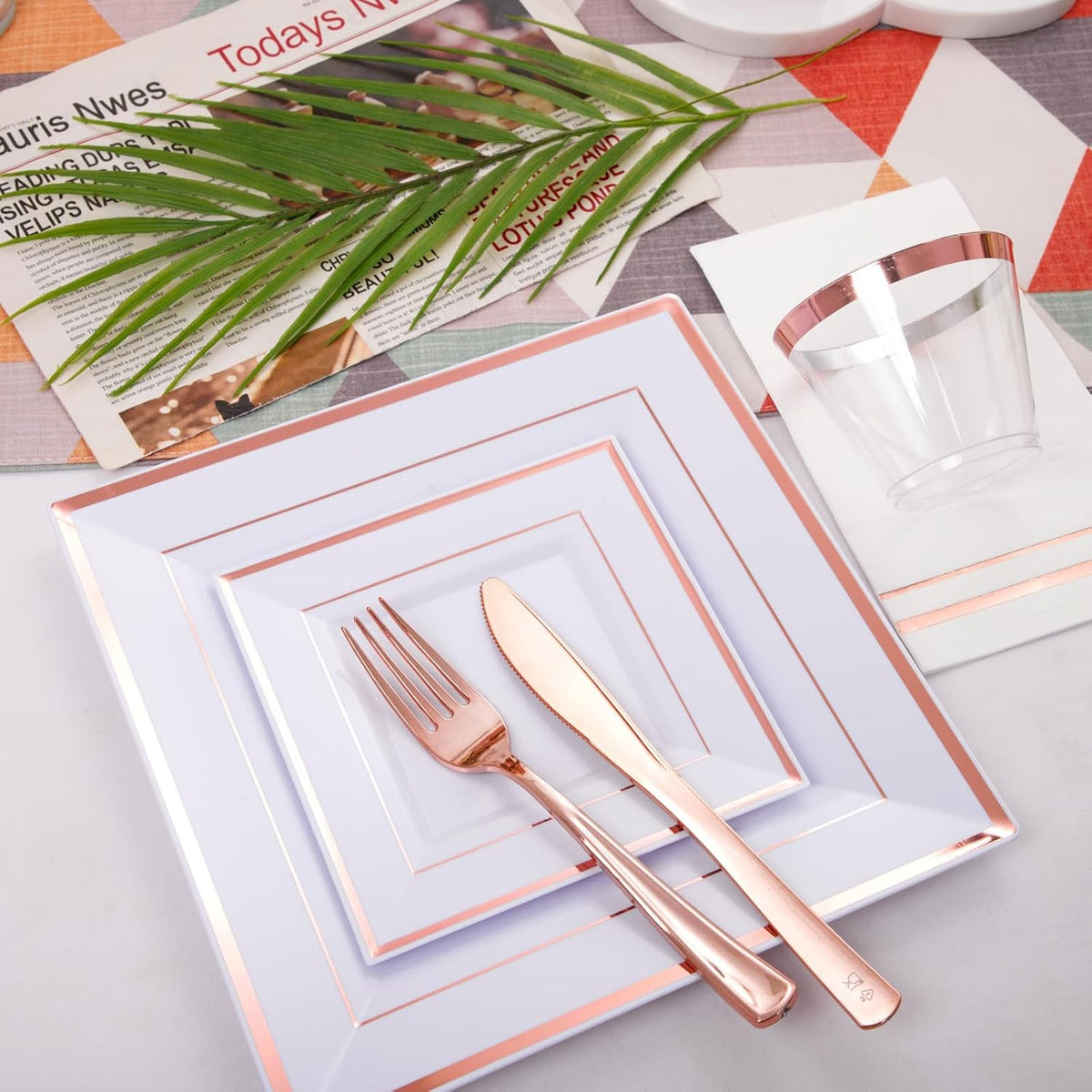 Festiva 350Pcs Rose Gold Plates and Napkins Party Supplies-Square White and Rose Gold Disposable