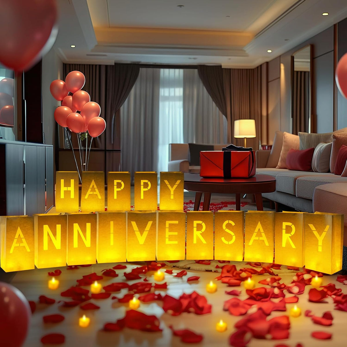 Homemory Happy Anniversary Decoration Light Up Letters with Flameless Candles and Fake Rose Petals