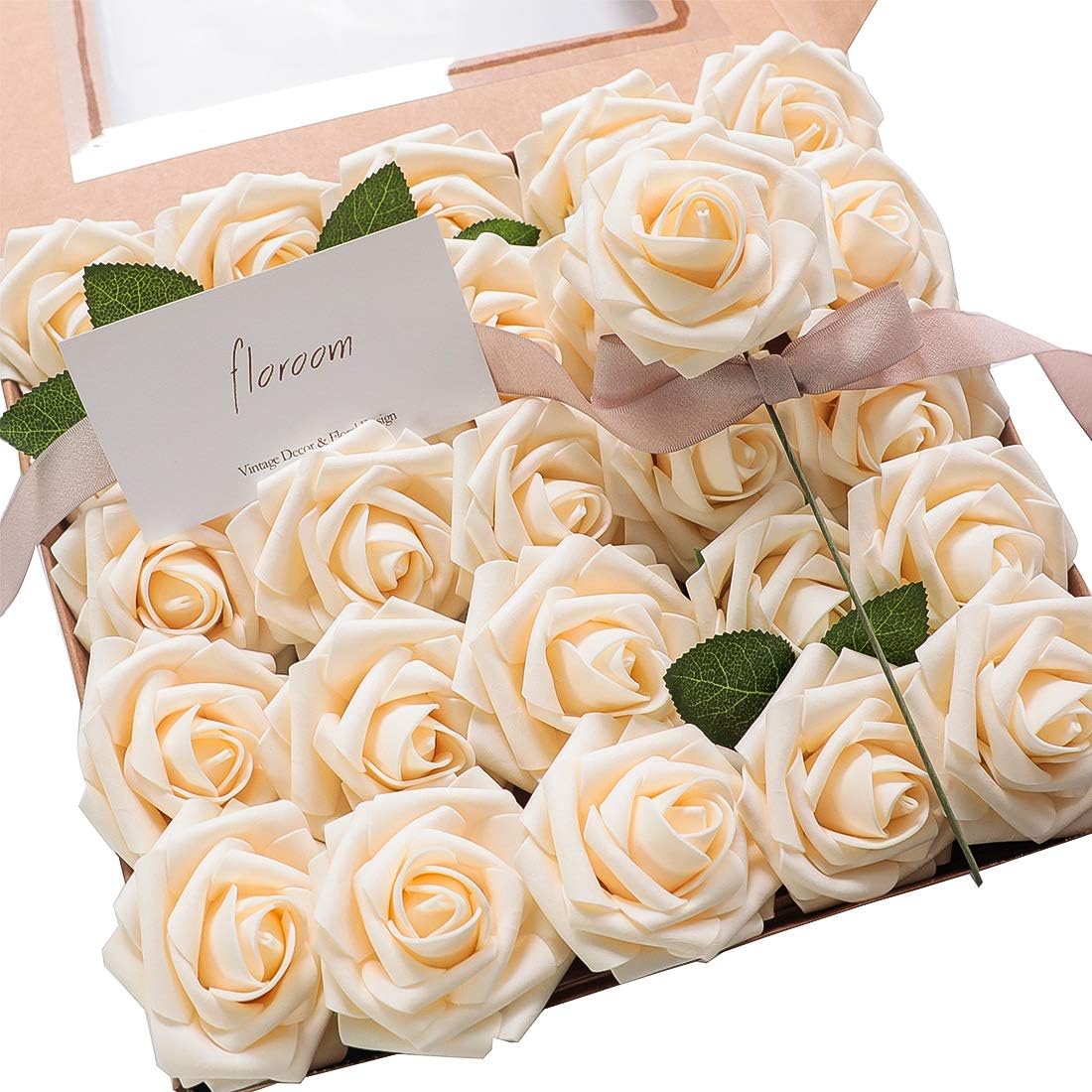 Floroom Artificial Flowers 50pcs Real Looking Champagne Foam Fake Roses with Stems for DIY Wedding