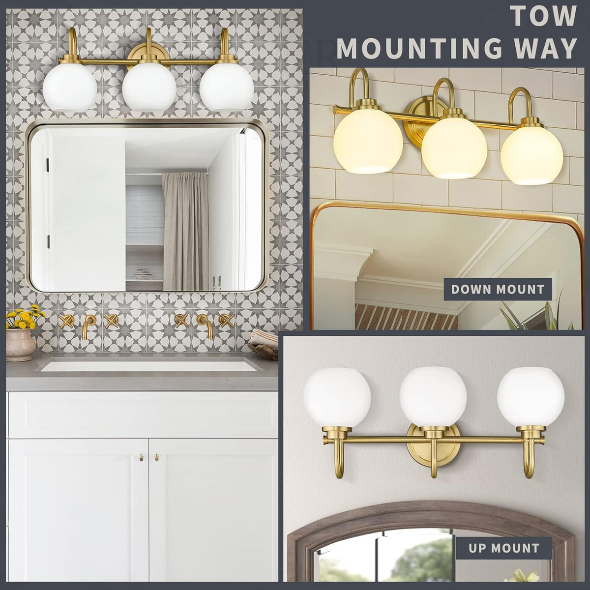 Gold Bathroom Light Fixtures, 3 Light Gold Modern Bathroom Light Fixtures Over Mirror with White