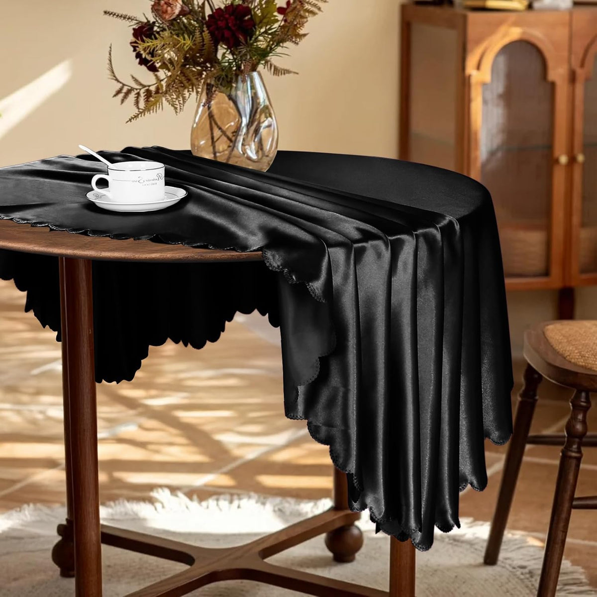 KKJIAF 1 Pack 60 Inch / 5ft Round Table Cloth, Black Overlay Round Satin Table Cover, Silky Satin