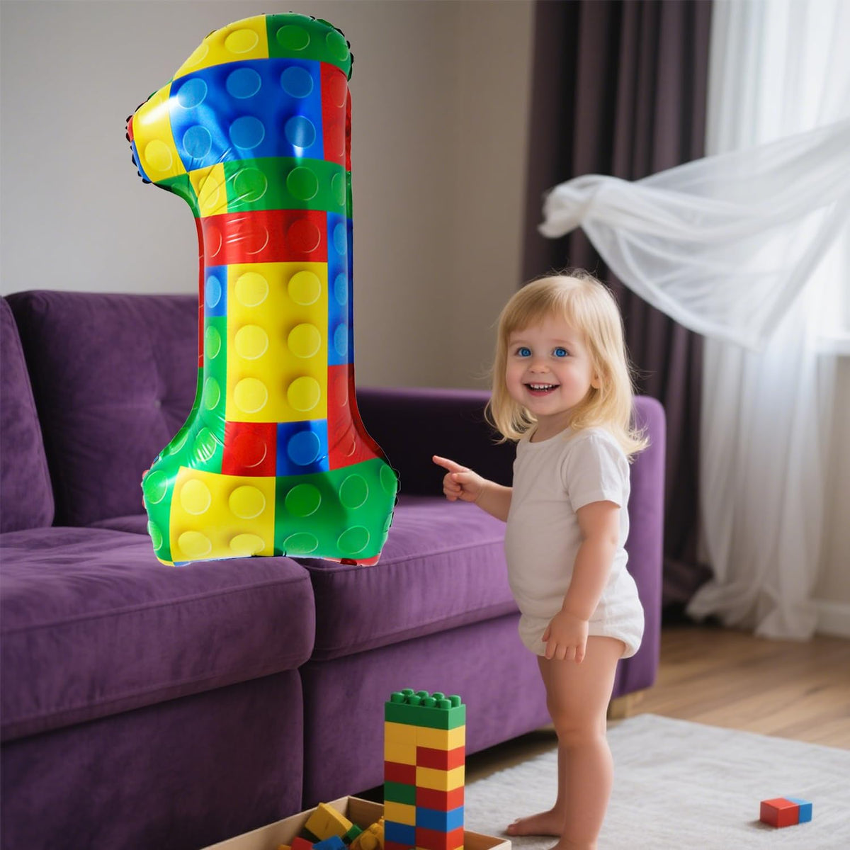 32 Inch Stackable Block Number 1 Balloon – Colorful Brick Building Themed Big Helium Digits for