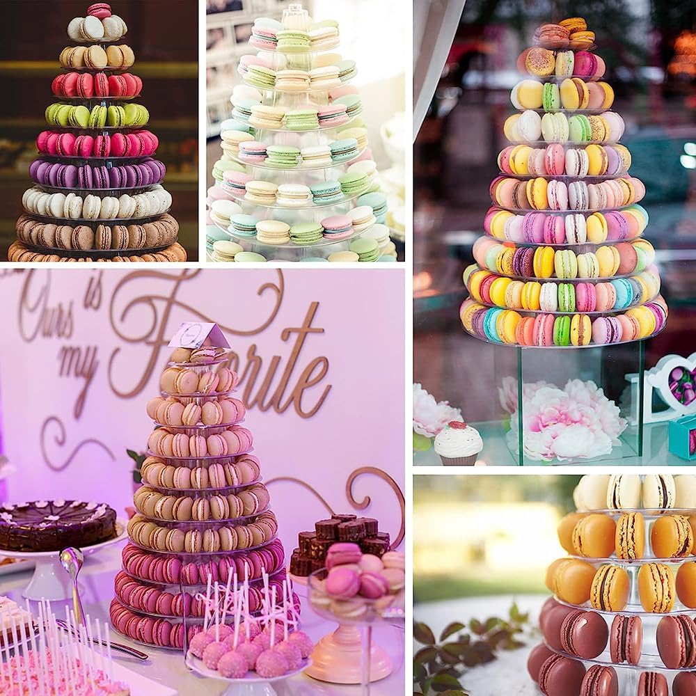 Macaron Tower Stand for Wedding Birthday Party, 4" - 13" Transparent Plastic Round Macaron Tower