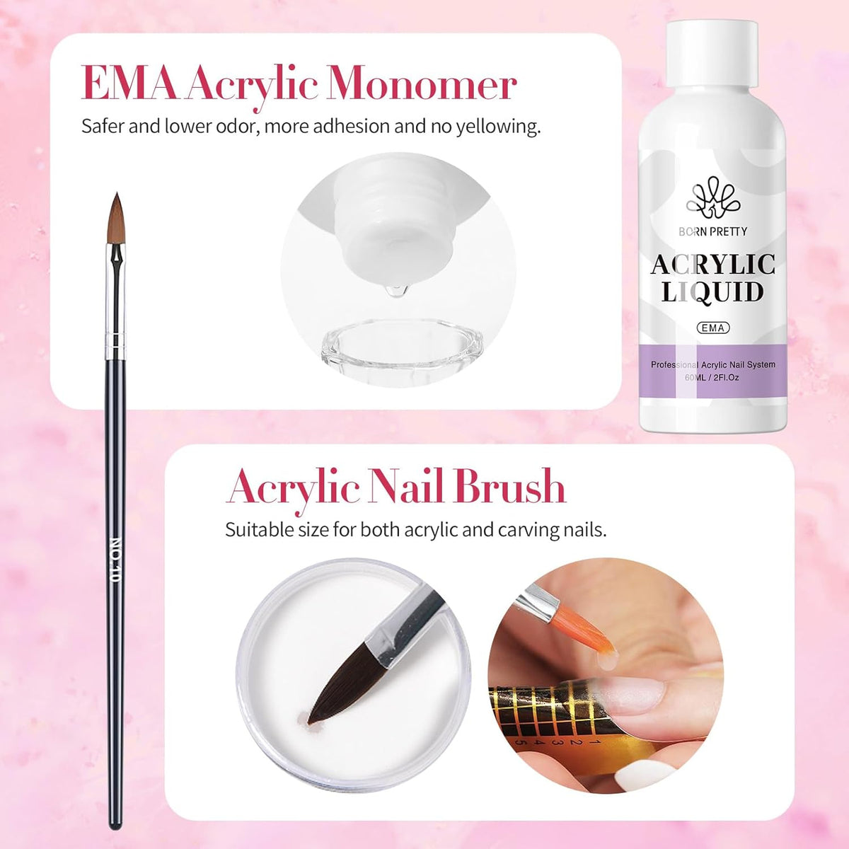 BORN PRETTY Acrylic Nail Kit - Acrylic Powder (Clear, White, Pink) & Liquid Set with Nail Forms