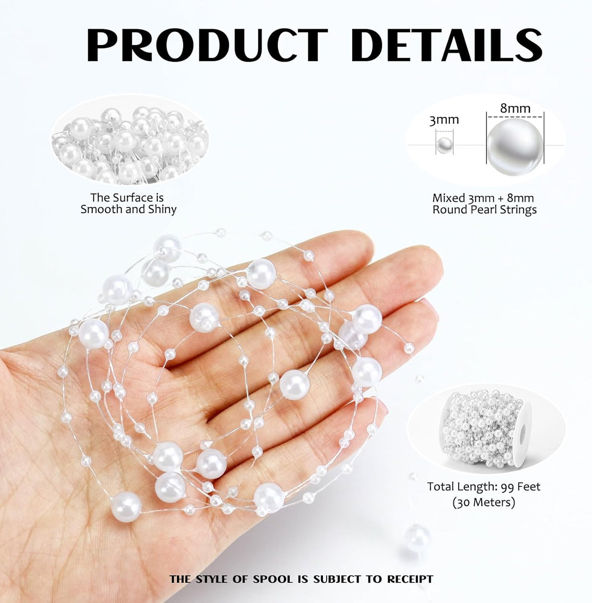 99 Feet Fishing Line Artifical Pearl Strings for Crafting, Faux Pearl Garland Strands for Floating