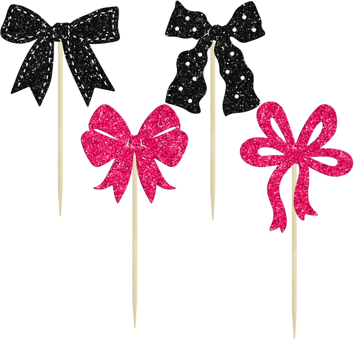 Ephlyn 24Pcs Pink Bow Cupcake Toppers Bow Birthday Cake Topper Girls Birthday Party Decorations