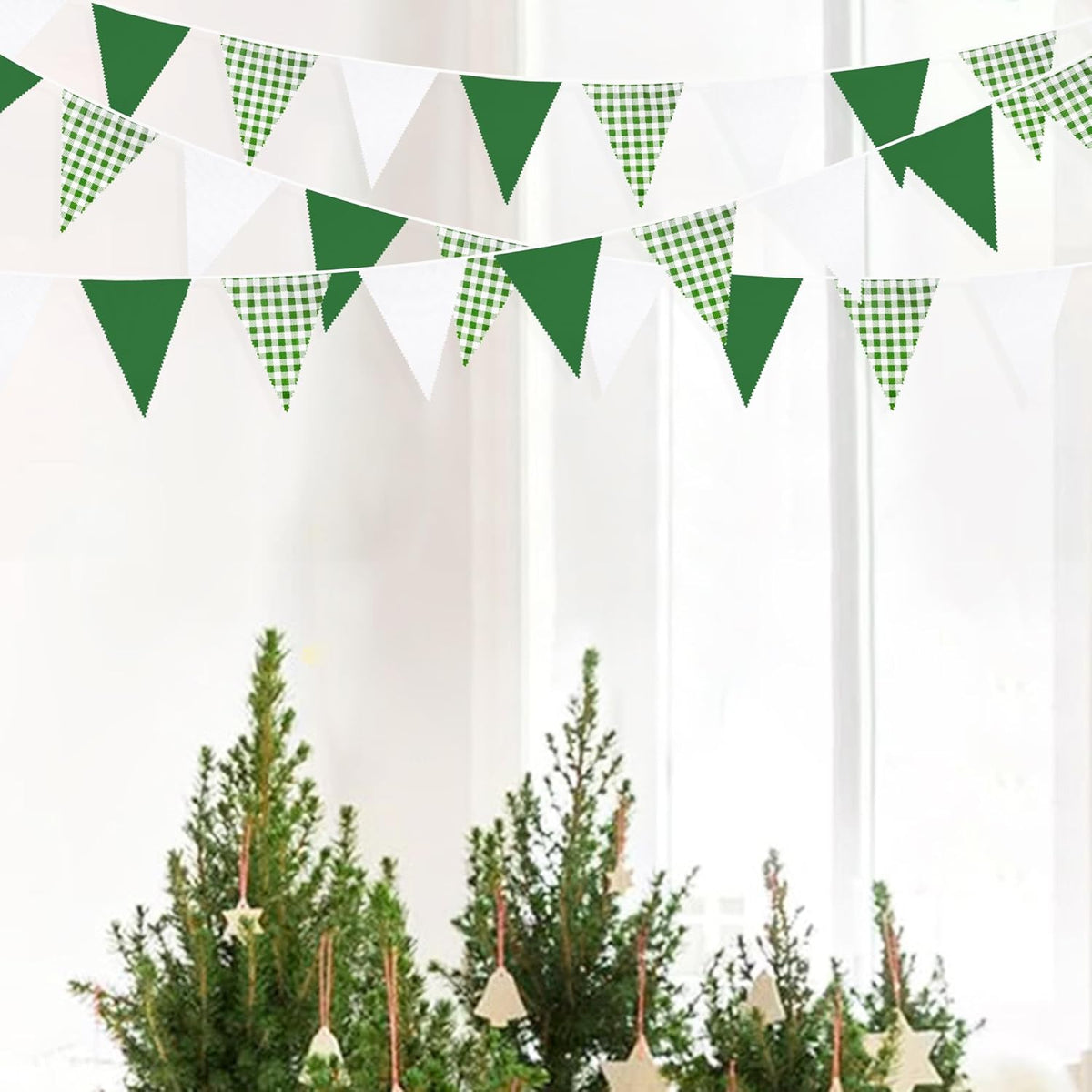32Ft Green Party Decorations Green Buffalo Plaid Checkered White Triangle Flag Gingham Pennant