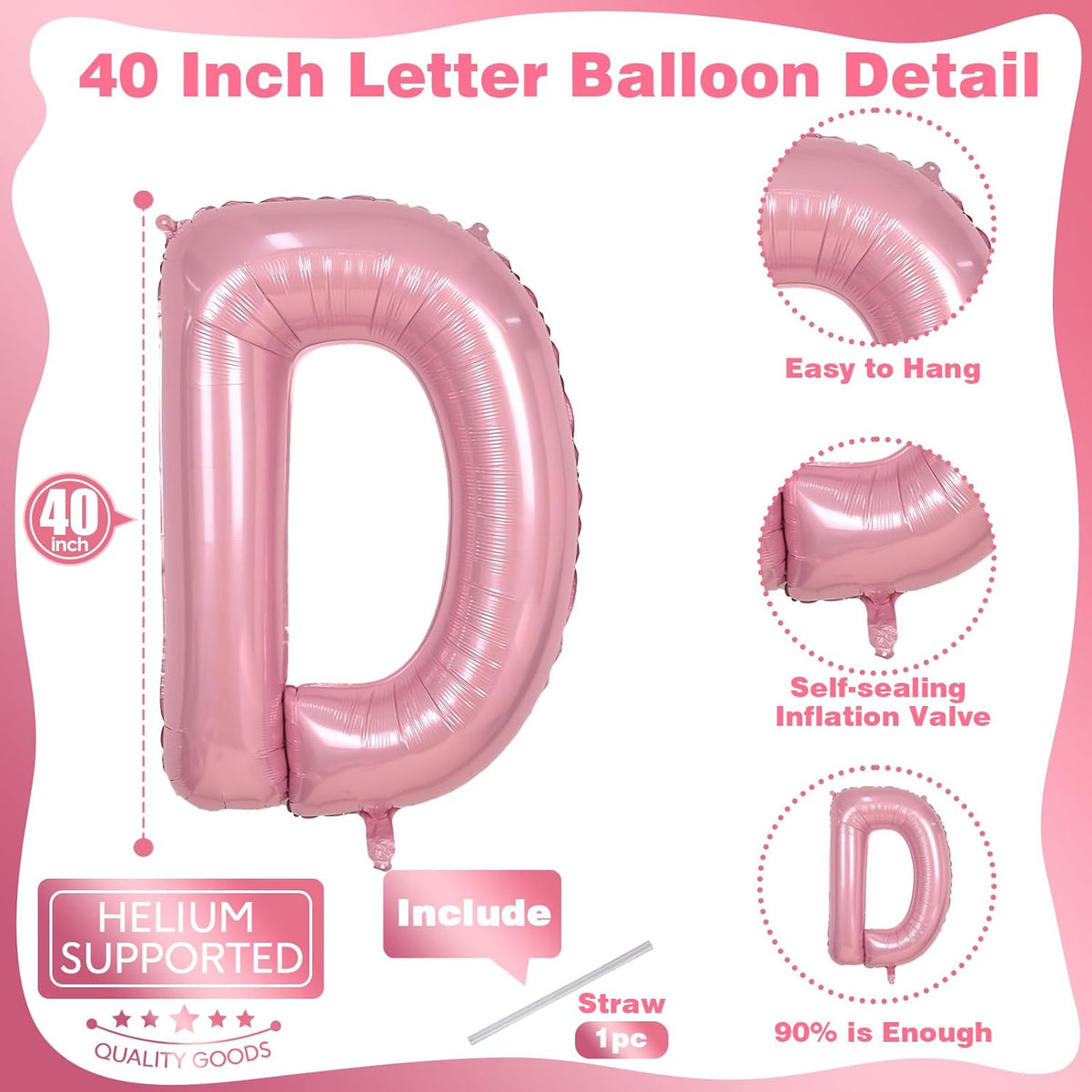 Pastel Pink D Letter Balloon, 40 Inch Giant Light Pink Mylar Foil Letter D for Girls, Self