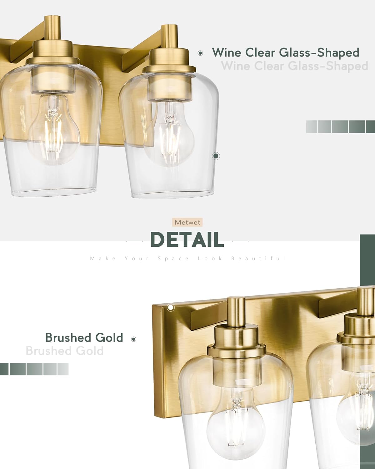 Bathroom Light Fixtures, 3-Light Modern Vanity Light with Clear Glass Wine Glass-Shaped Shade