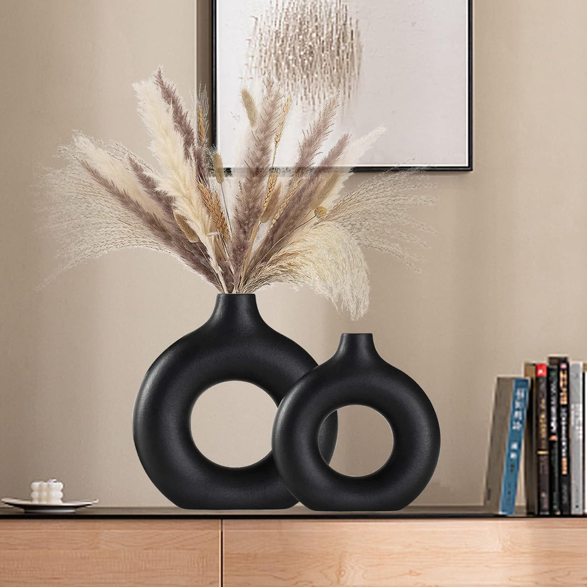 Black Ceramic Vase for Modern Home Decor, Round Matte Pampas Flower Vases Minimalist Nordic Boho