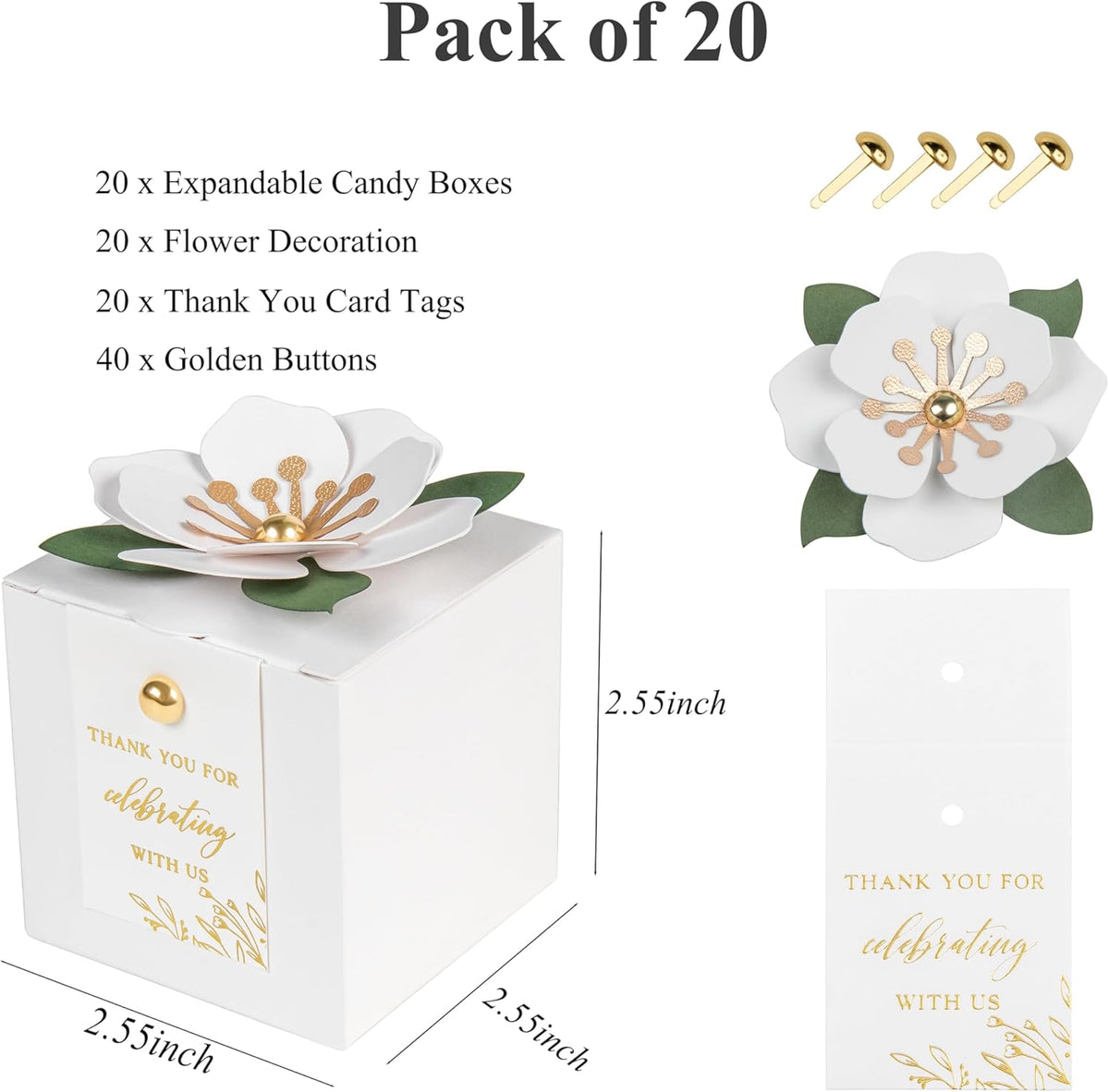 FEIYI 20 PCS Favor Boxes, 3 In 1 White Candy Boxes with Floral Decor, White Thank You Tags Gold