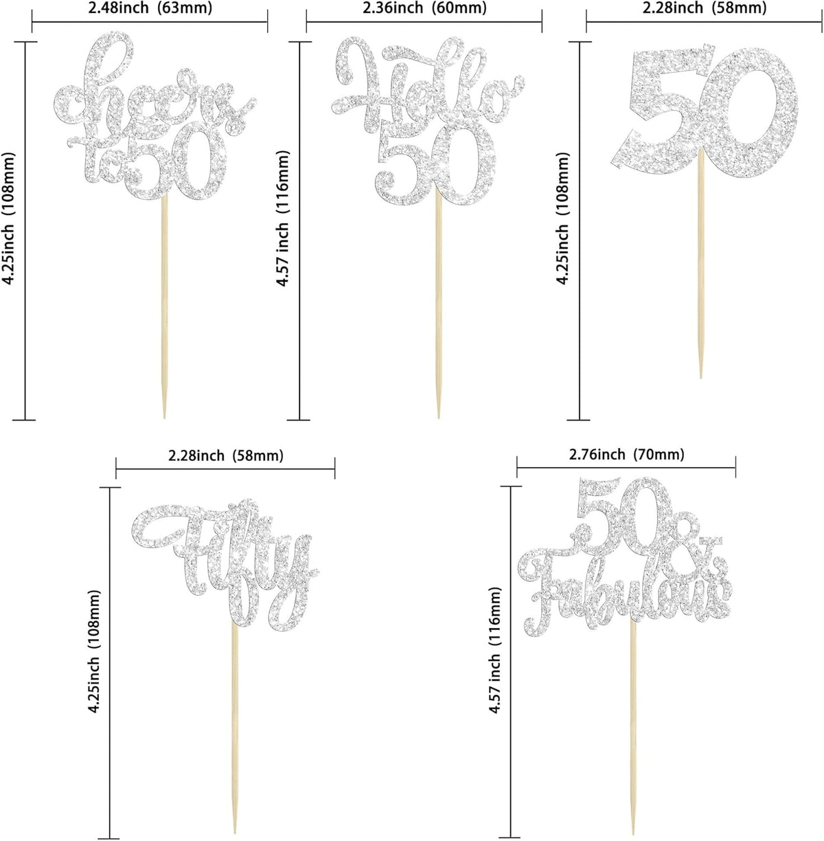 30Pcs Happy 50th Birthday Cupcake Toppers Silver Glitter Fifty Cheers to 50 Years Old Birthday