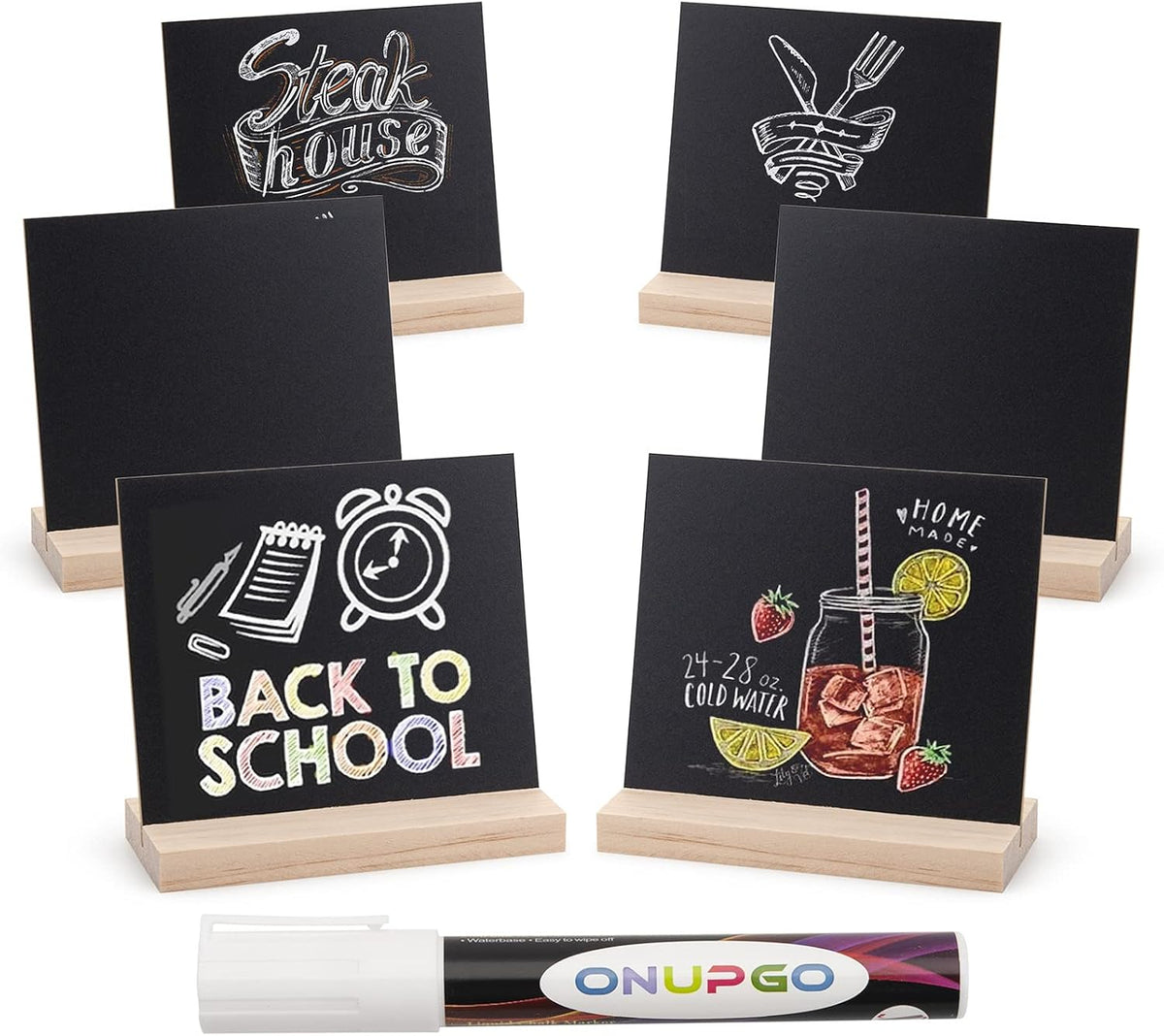 ONUPGO Chalkboard Signs with Wood Base Stands, 10X12cm Vintage Wooden Tabletop Decorative