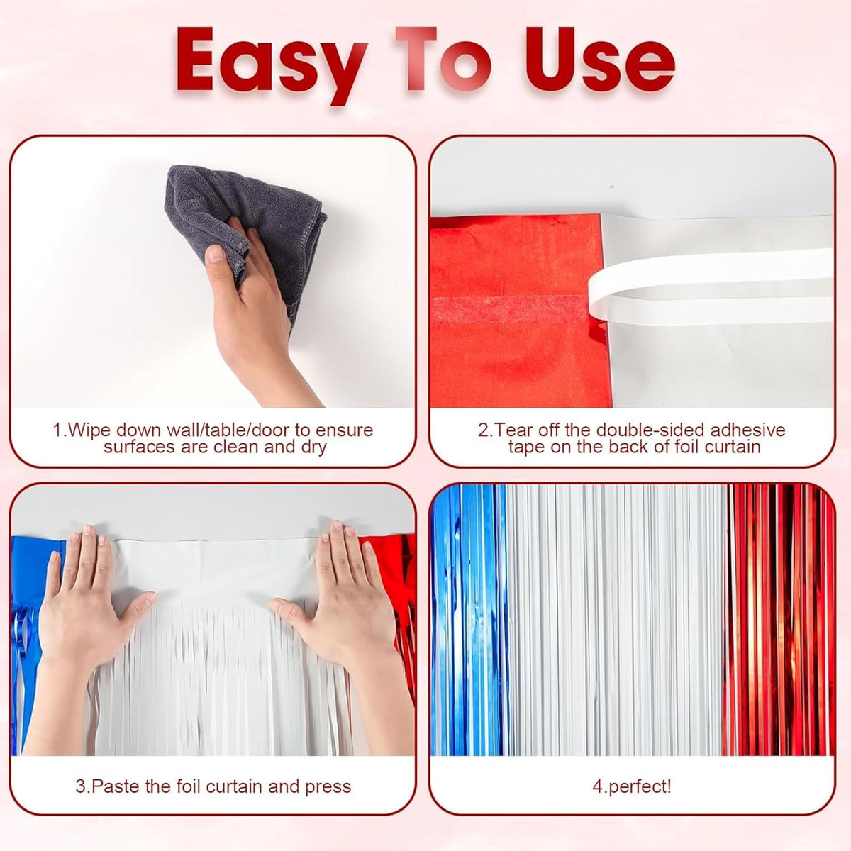 2 Pack Red White and Blue Foil Fringe Backdrop Curtains, Tinsel Streamers Party Decorations, Fringe