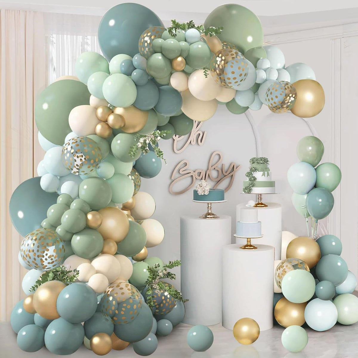 Dusty Blue Sage Green Balloon Arch Kit, Pastel Blue Green Sand White Gold Confetti Balloons Garland