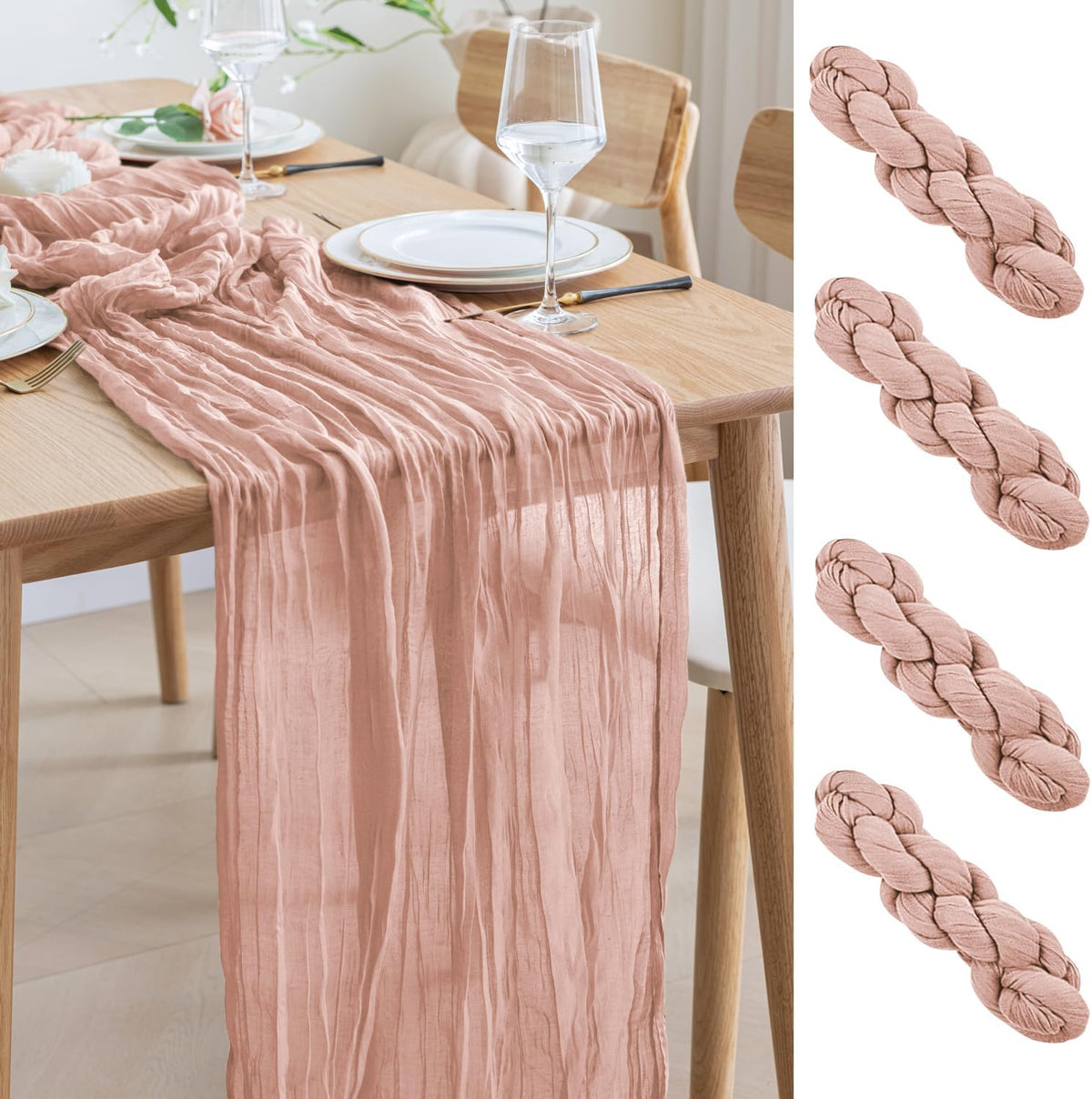 Asee'm 4pcs Cheesecloth Table Runner 120 Inches Dusty Pink Boho Gauze Cheese Cloth Runner 10FT