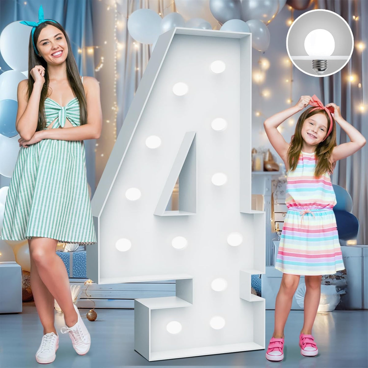 4FT Marquee Light Up Numbers - Cool White Light Up Numbers 4 with Fixed Water Bag, Party Decoration