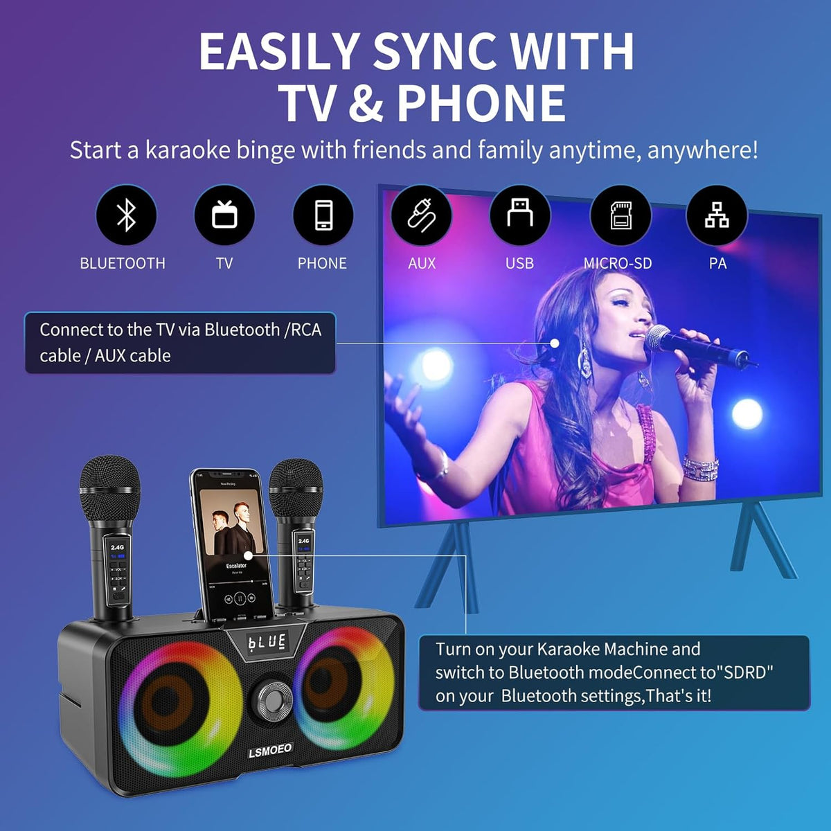 Karaoke Machine for Adults and Kids with 2 UHF Wireless Microphones,Portable Bluetooth Speaker PA