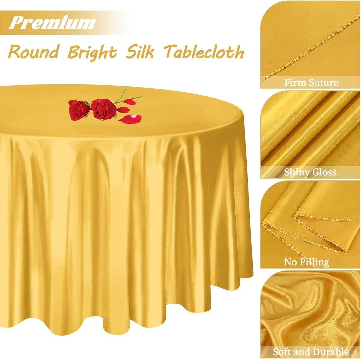 12 Pack 120 Inch Gold Satin Tablecloth - Premium Bright Silky Round Tablecloth Overlay Smooth