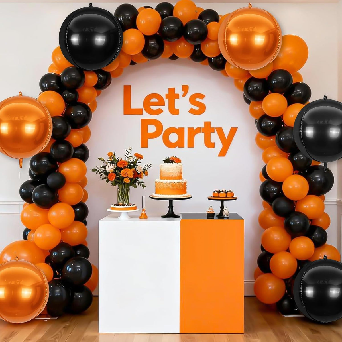 6Pcs Black Orange Round Foil Balloons,Giant 4D Round Ball Balloon,22 Inch Metallic Orange Black