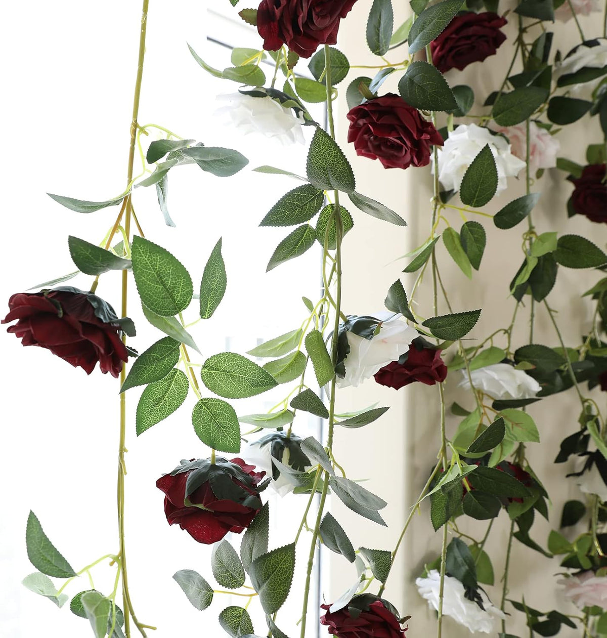2 Strands 73'' Artificial Silk Rose Flower Vines Garland, Fake Roses Floral Green Leaves Hanging