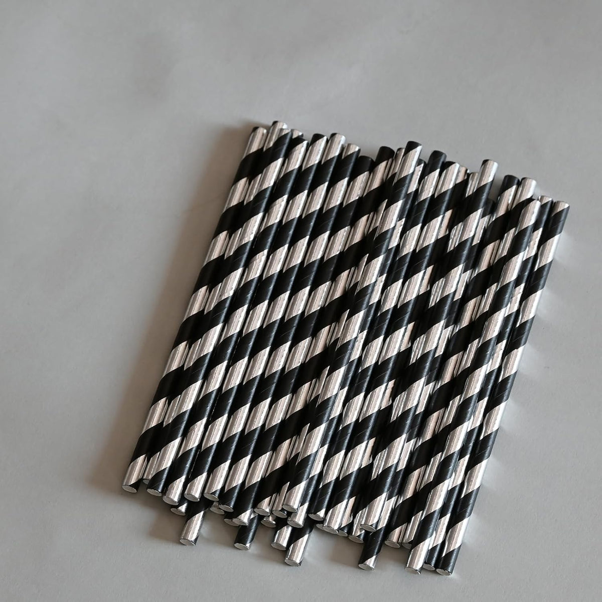 Cocktail Paper Straws - Black Silver Striped Biodegradable Disposable Drinking Straws for Brithday