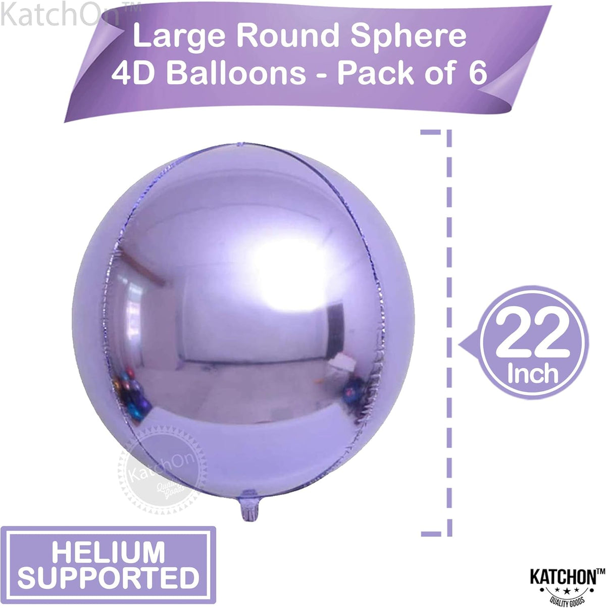 KatchOn, Big Purple Mylar Balloons - 22 Inch, Pack of 6 | Round 4D Metallic Lavender Balloon for