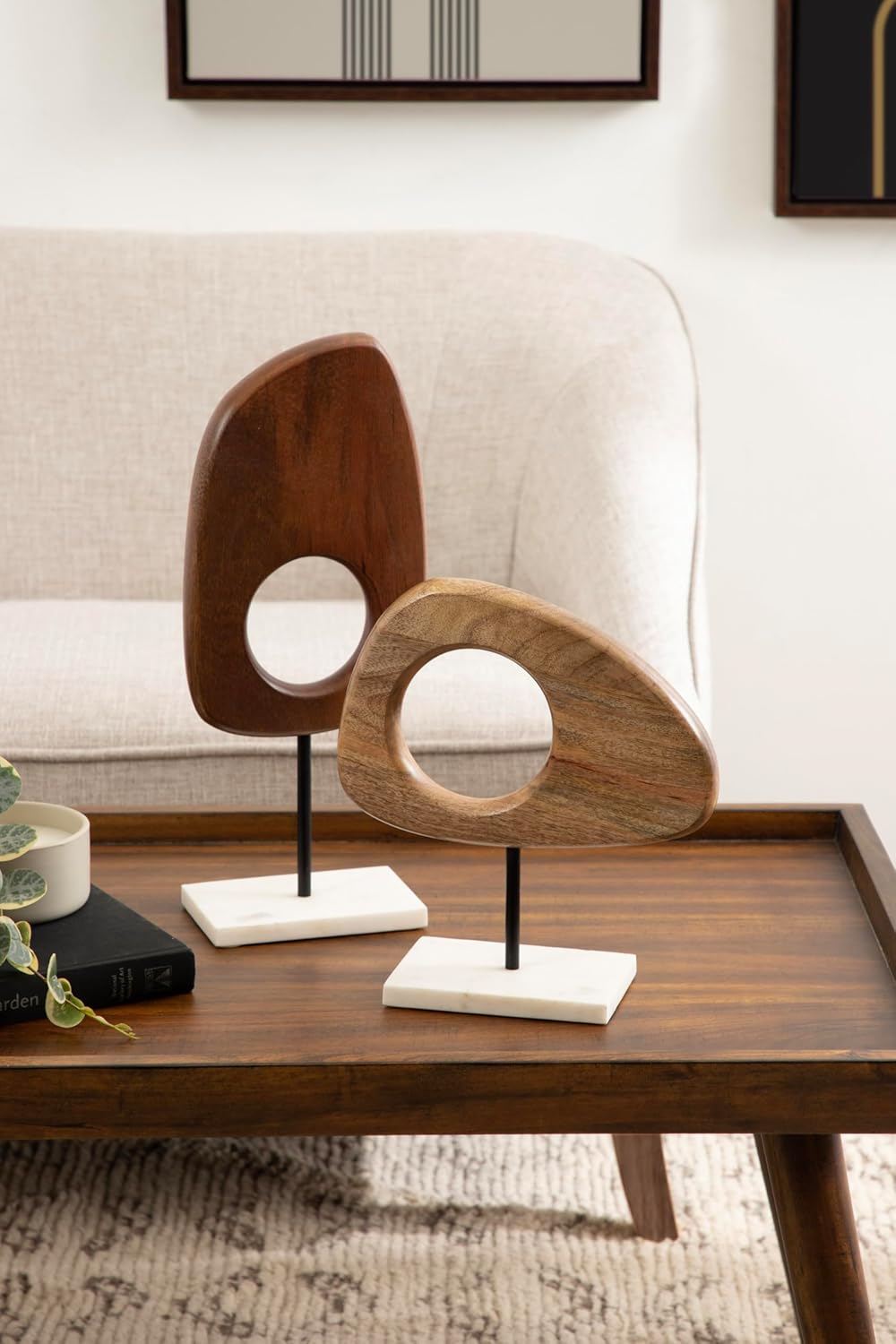 Kate and Laurel Yoakes Wood and Marble Decorative Sculptures, 2 Piece Set, Natural and Walnut