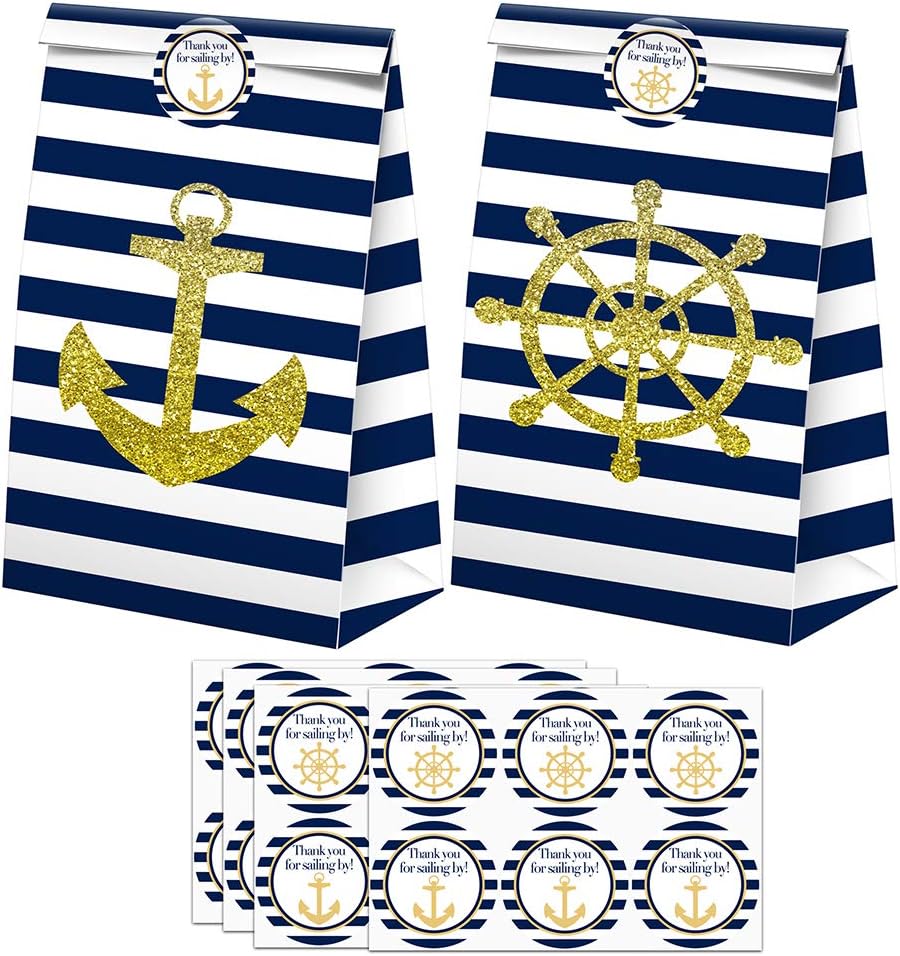 SamPartyShop Nautical Goodie Bags - 24 Pcs Nautical Party Favors Candy Bags with Stickers, Nautical