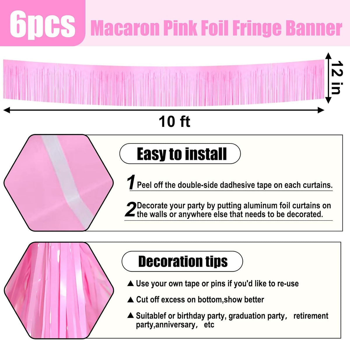 6 Pack 10 Feet Macaron Pink Foil Fringe Garland Metallic Tinsel Streamers Banner Wall Hanging