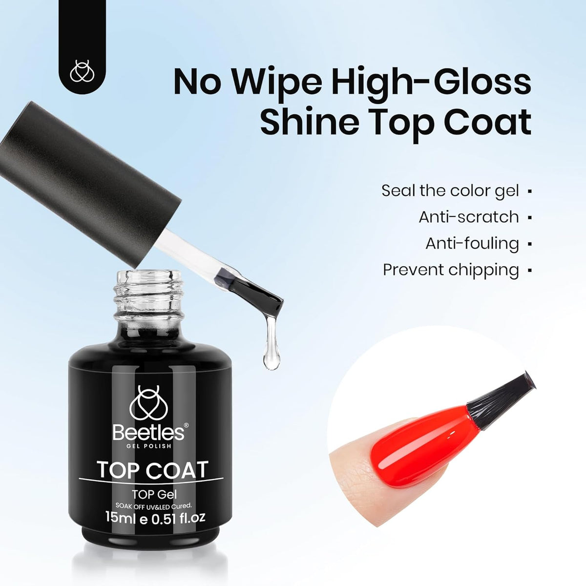 Beetles Top Coat Gel Nail Polish Set – 2Pcs 15ml No Wipe Gel Top Coat, Long-Lasting High Gloss