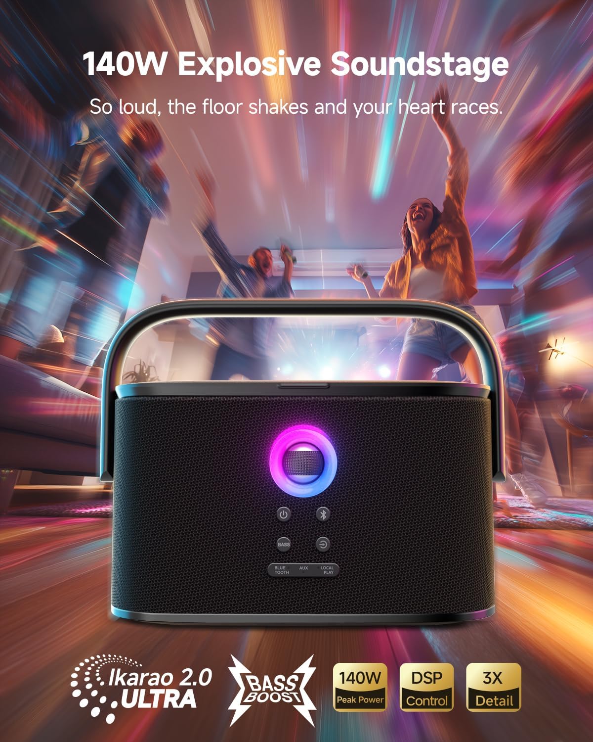 Ikarao Portable Karaoke Machine for Adults, Built-in Lyrics Display and Screen, 2 Self-Charging