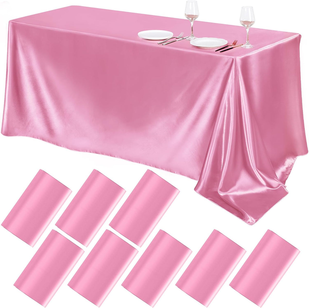 TURSTIN 8 Packs Pink Satin Tablecloth 102 x 58 Inch Overlay Satin Table Cover Rectangle Bright Silk