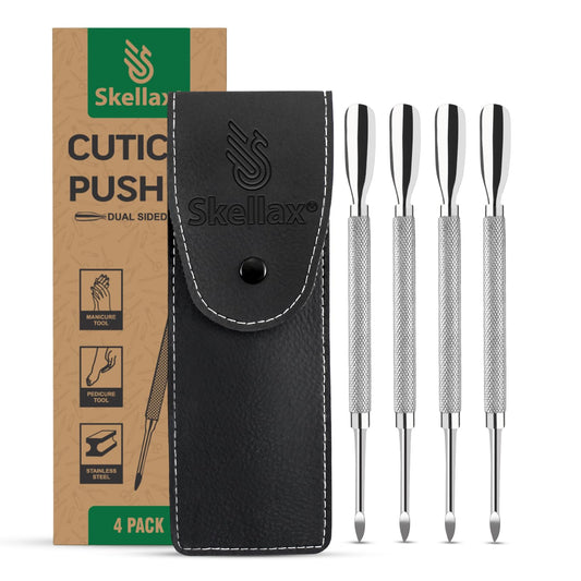 4PCS Cuticle Pusher Double Ended Sharp Edge Spoon Shaped Set, Salon Quality Stainless Steel Metal