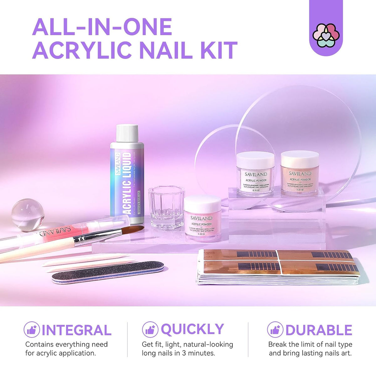 SAVILAND Essentials Acrylic Nail Kit for Beginners: Clear Nudes Pink Acrylic Powder and Liquid Set