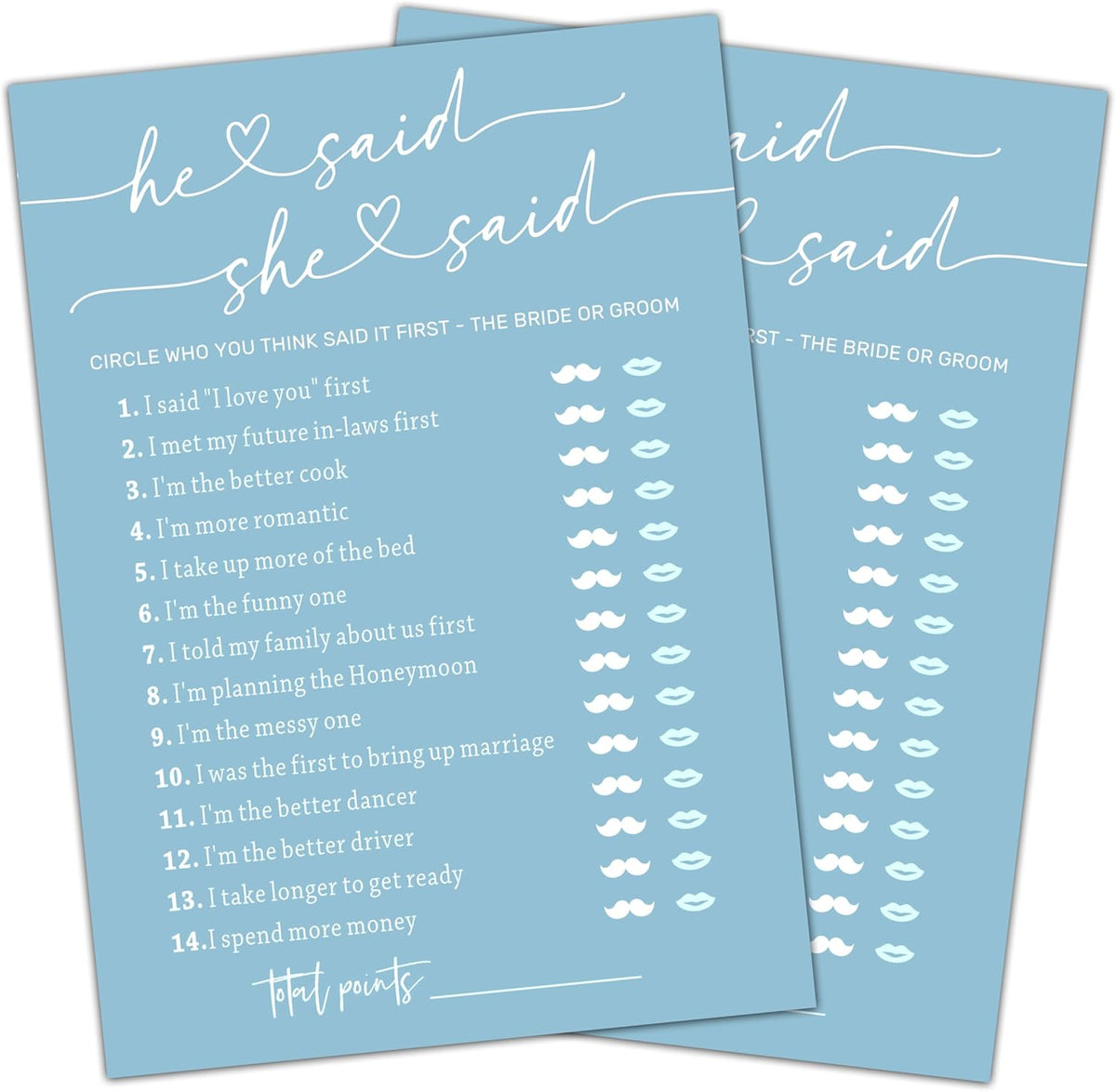 Minimalist Bridal Shower Games, Light Blue He Said She Said Game, 30 Wedding Bachelorette