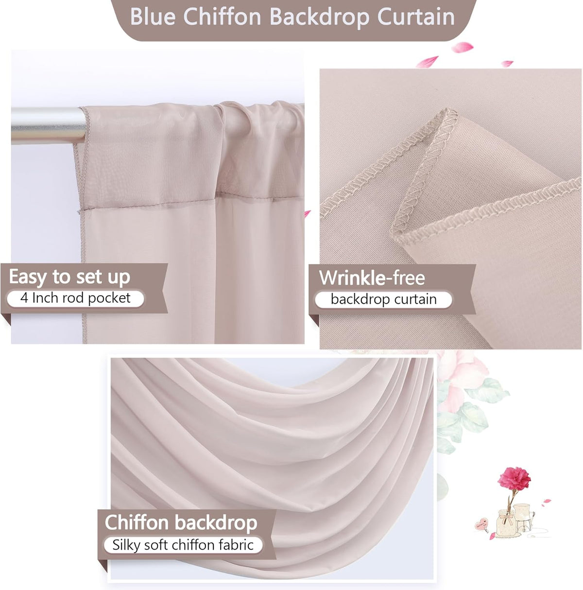 PARTISKY 10ftx10ft Taupe Chiffon Sheer Backdrop Curtains, Wrinkle-Free Wedding Backdrop Drapes for