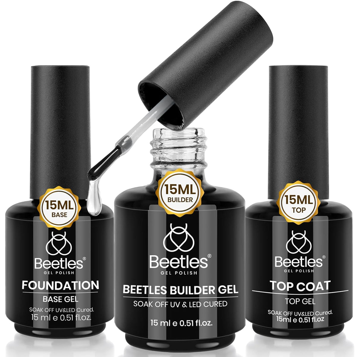 Beetles 3Pcs 15ml Builder Nails Gel with No Wipe Top Coat and Base Coat Set, Nail Extension
