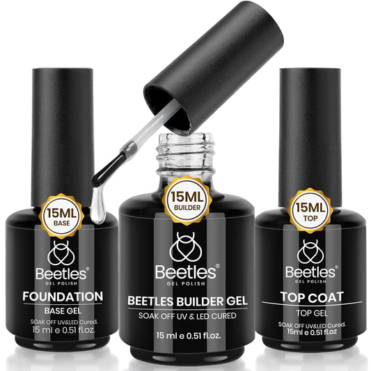 Beetles 3Pcs 15ml Builder Nails Gel with No Wipe Top Coat and Base Coat Set, Nail Extension