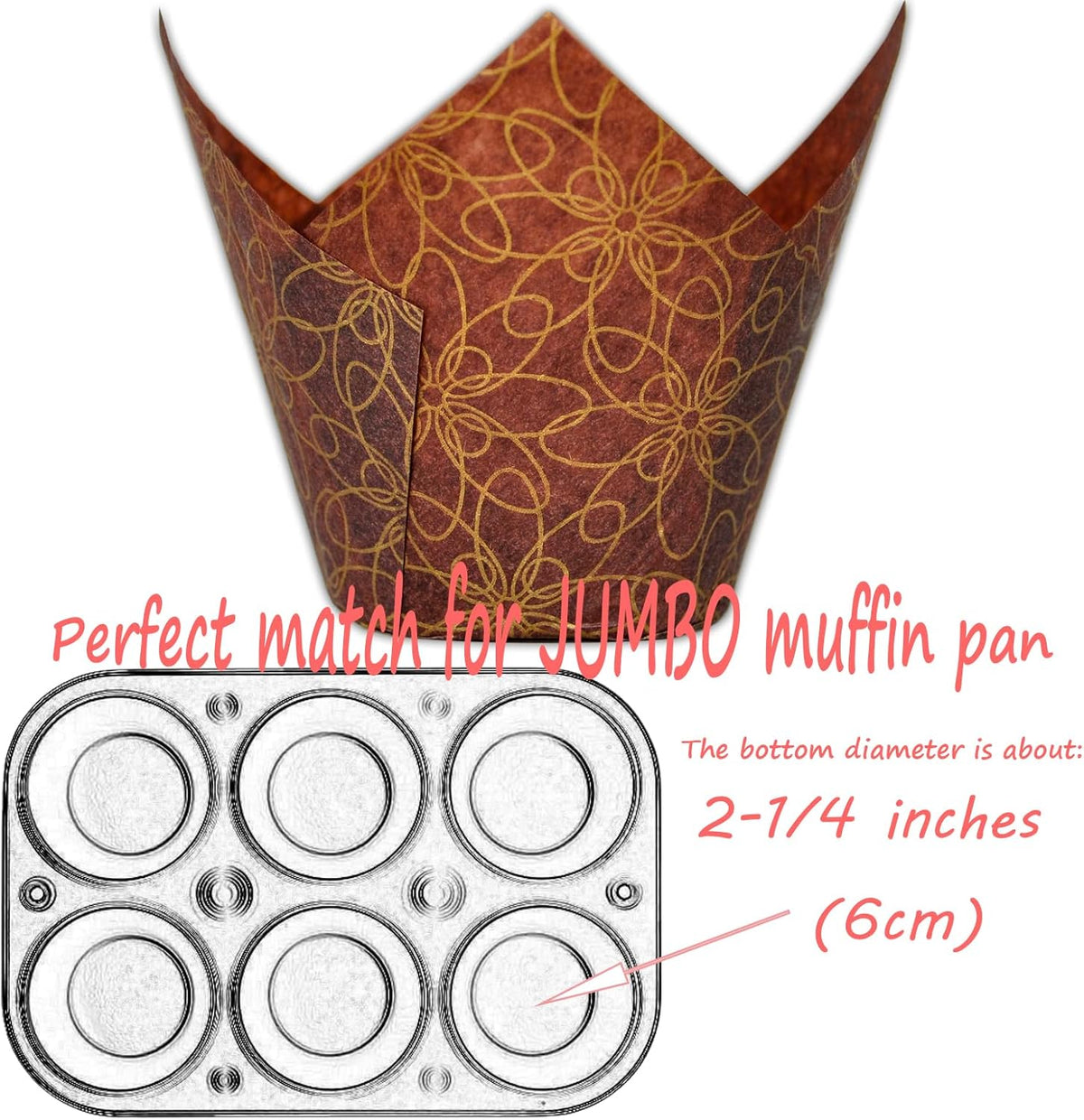 (JUMBO Large size) Brown Golden pattern Tulip Baking Cups 2-1/4"(Base diameter) x 3-3/4"(Wall