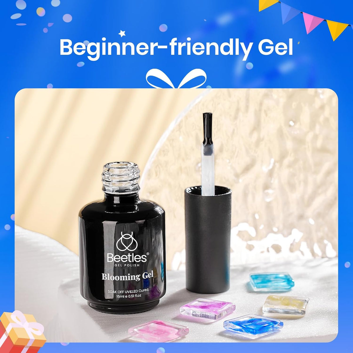 Beetles Blooming Gel & Base Top Coat Set, 3PCS 15ML Shine Finish Long Lasting No Wipe Top Coat Gel