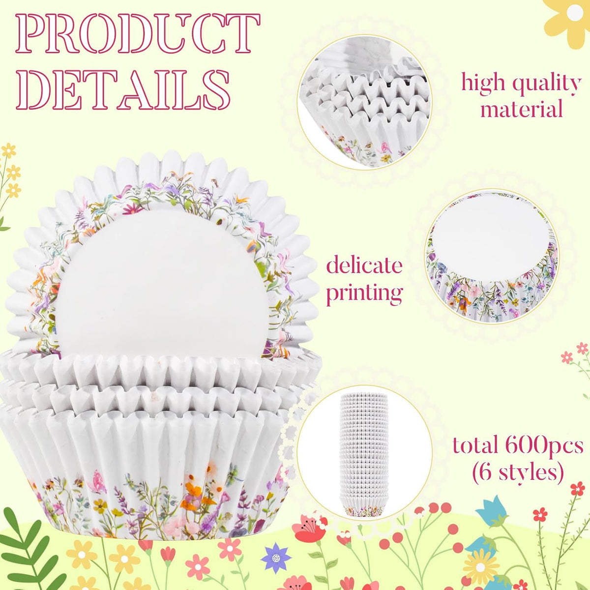 600 Count Elegant Wildflower Cupcake Liners for Baby Showers, Weddings, Spring Birthday Parties